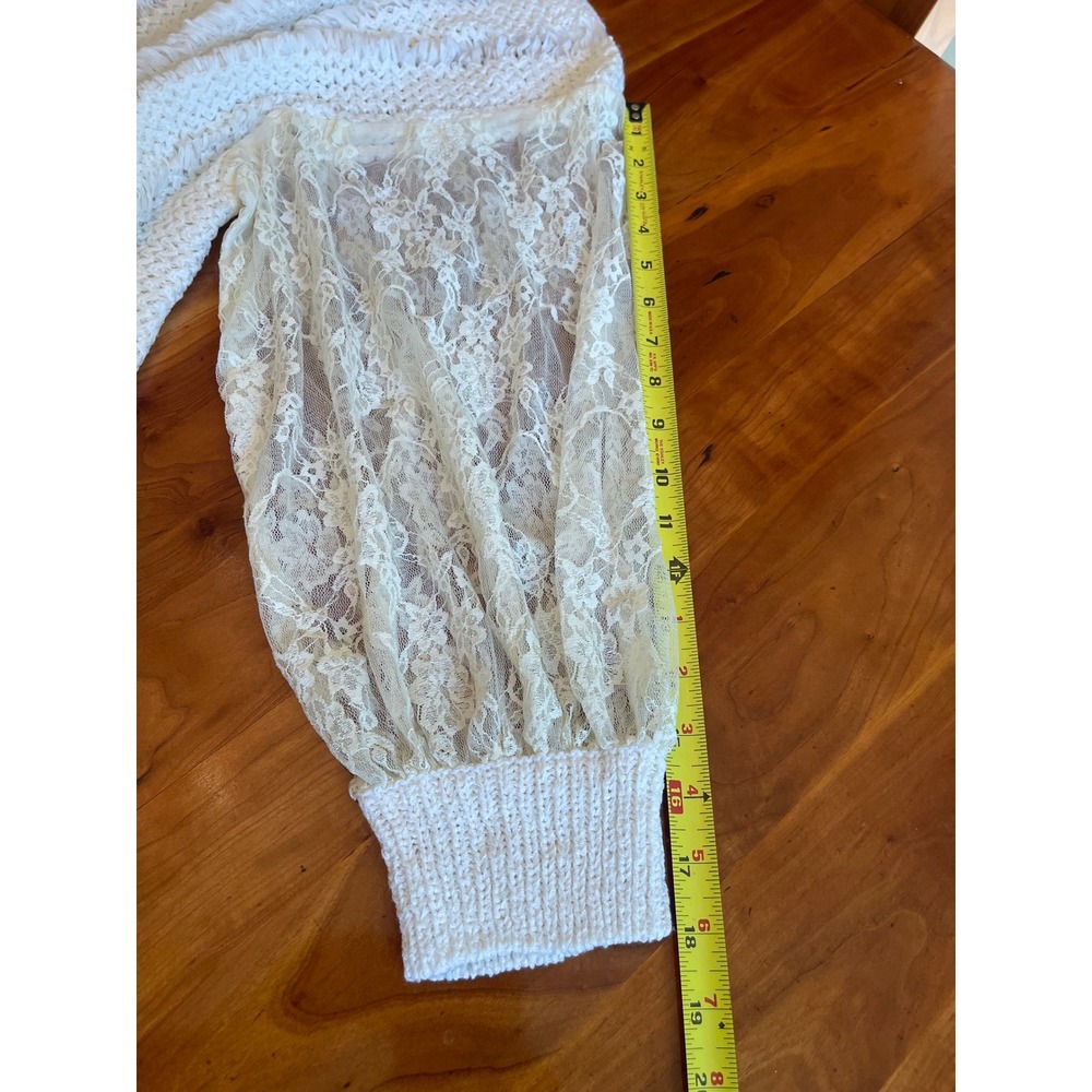 Sioni Sweater Cream Ladder Knit Lace Balloon Sleeve Boho Semi Sheer Romantic M - Picture 12 of 12